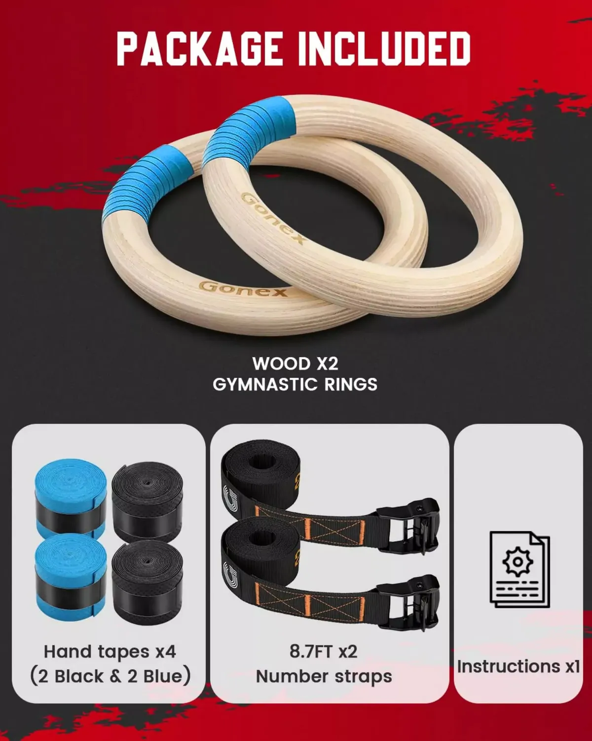 Gonex Anelli Ginnastica Legno Betulla Antiscivolo