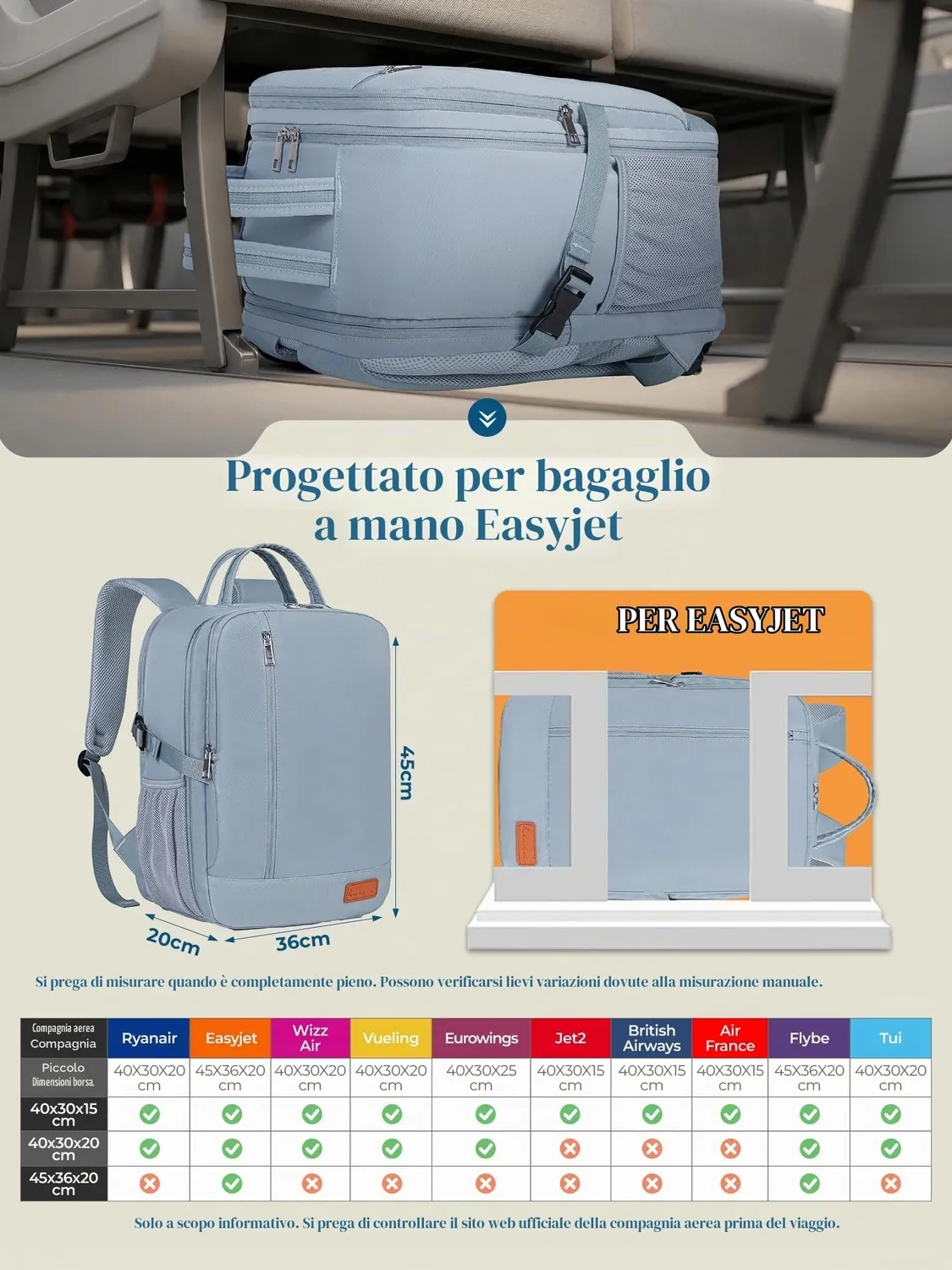 Lossga Zaino per Ryanair 40x30x20 Zaino da Viaggio 40x30x15 45x36x20 zaino cabina