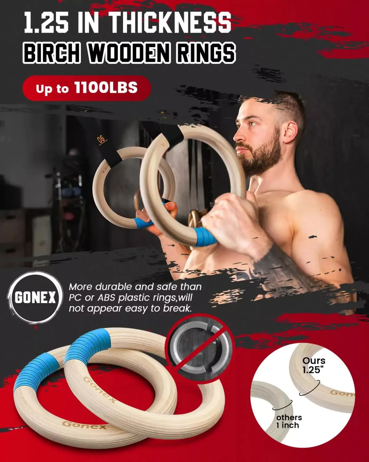 Gonex Anelli Ginnastica Legno Betulla Antiscivolo