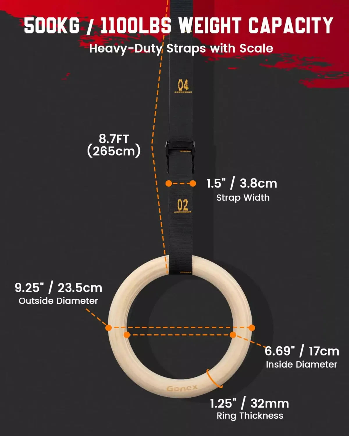 Gonex Anelli Ginnastica Legno Betulla Antiscivolo