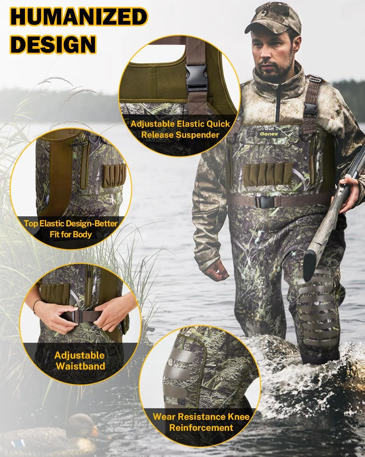 Gonex Waders Pesca Neoprene Mimetici con Stivali