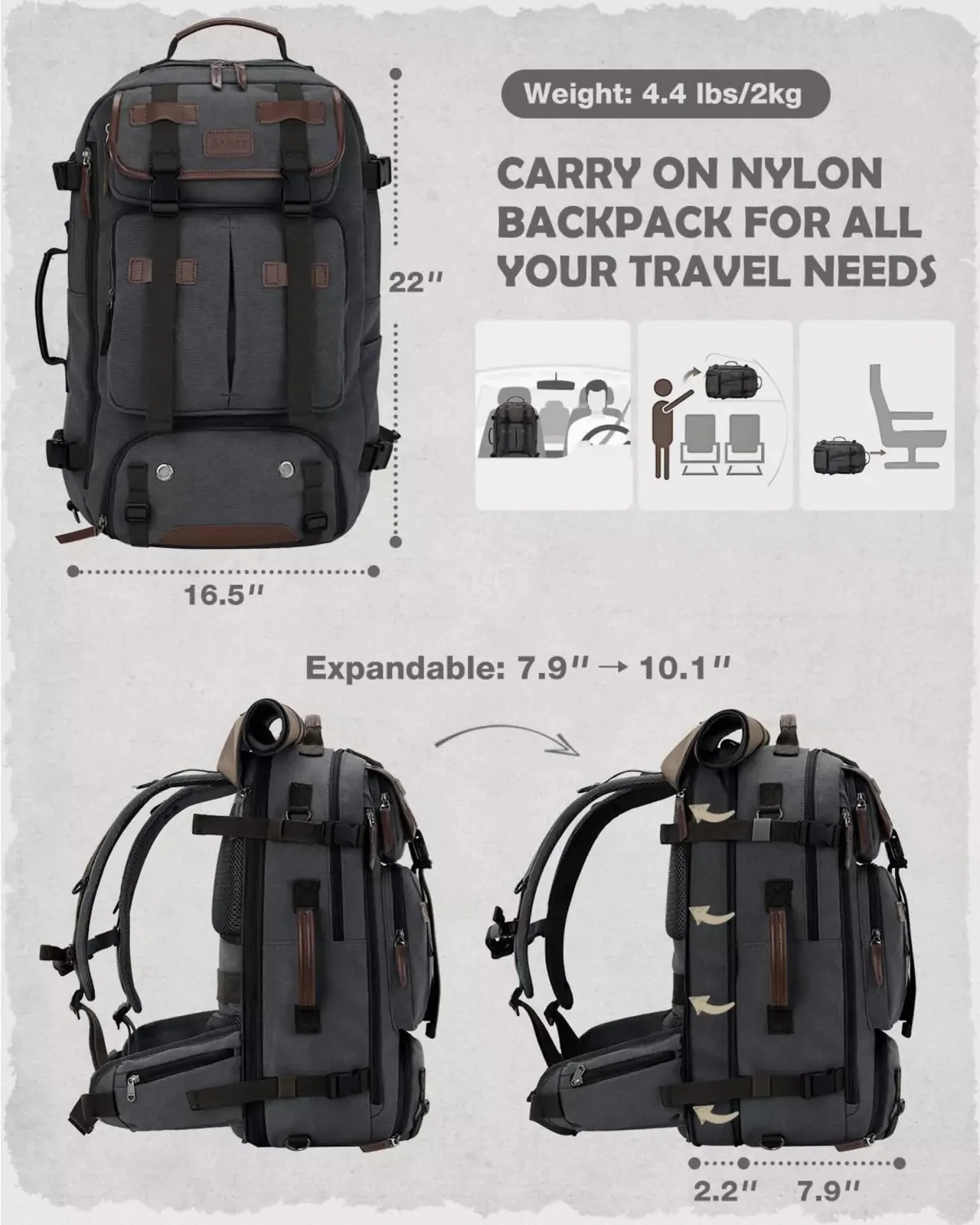 Gonex Vintage Canvas Backpack zaino viaggio 3 in 1