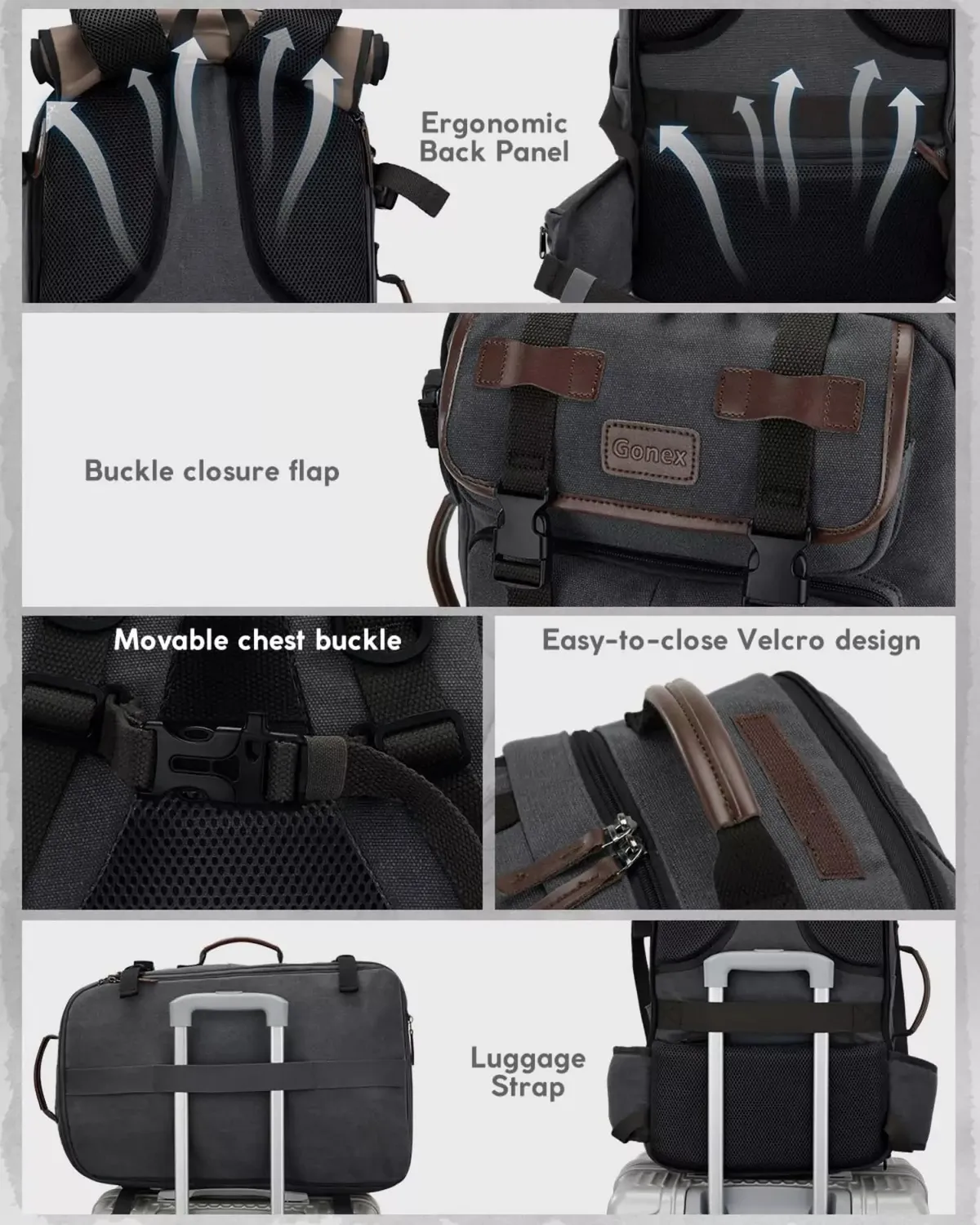 Gonex Vintage Canvas Backpack zaino viaggio 3 in 1