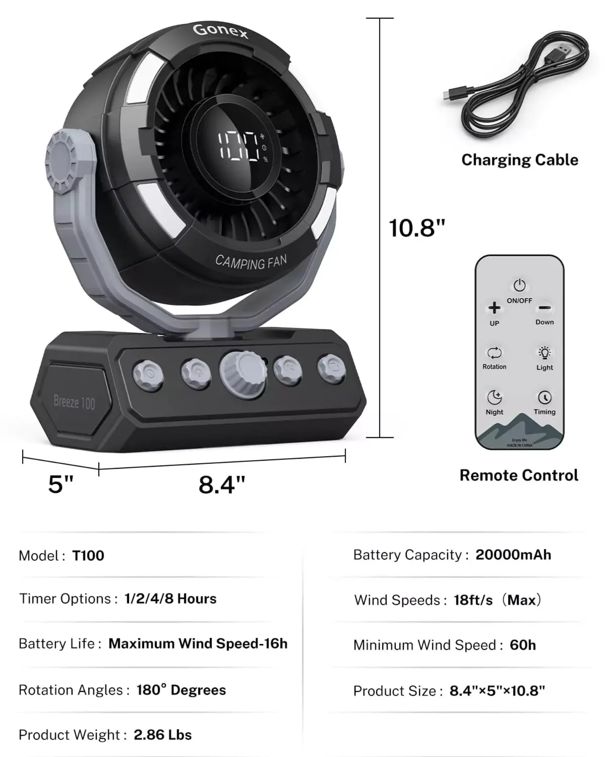 Gonex Ventilatore Campeggio Ricaricabile con Luce