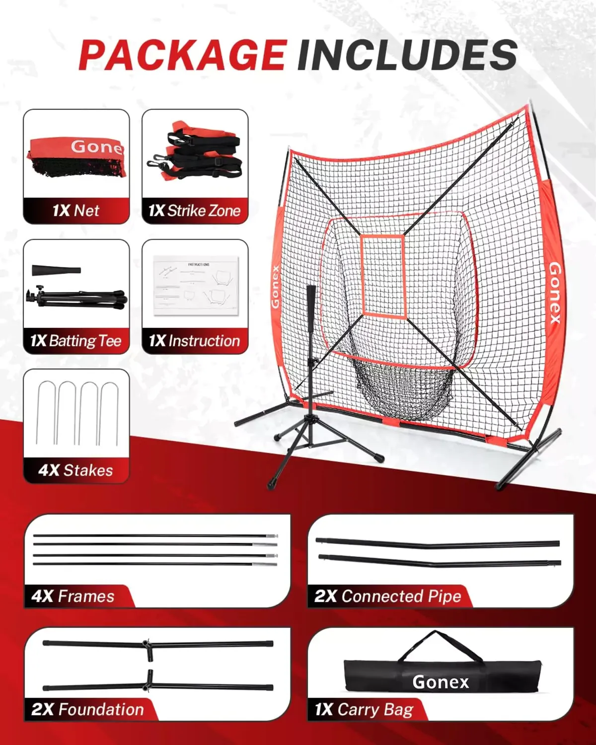 Gonex Rete Baseball 7x7 con Tee Allenamento