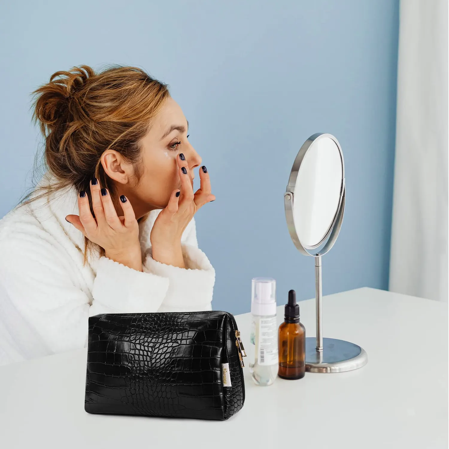 Narwey Crocodile Grain pochette trucco ecopelle doppia zip
