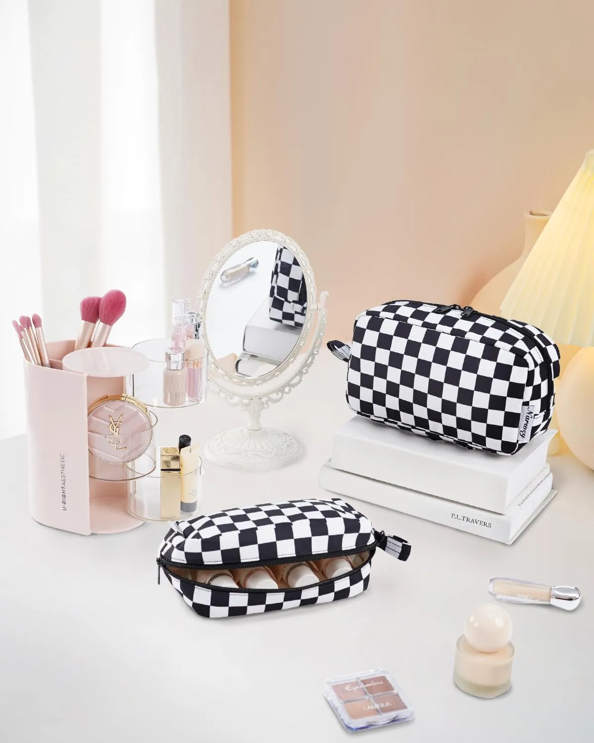 Narwey Mini pochette trucco quadretti 17 cm con tasche
