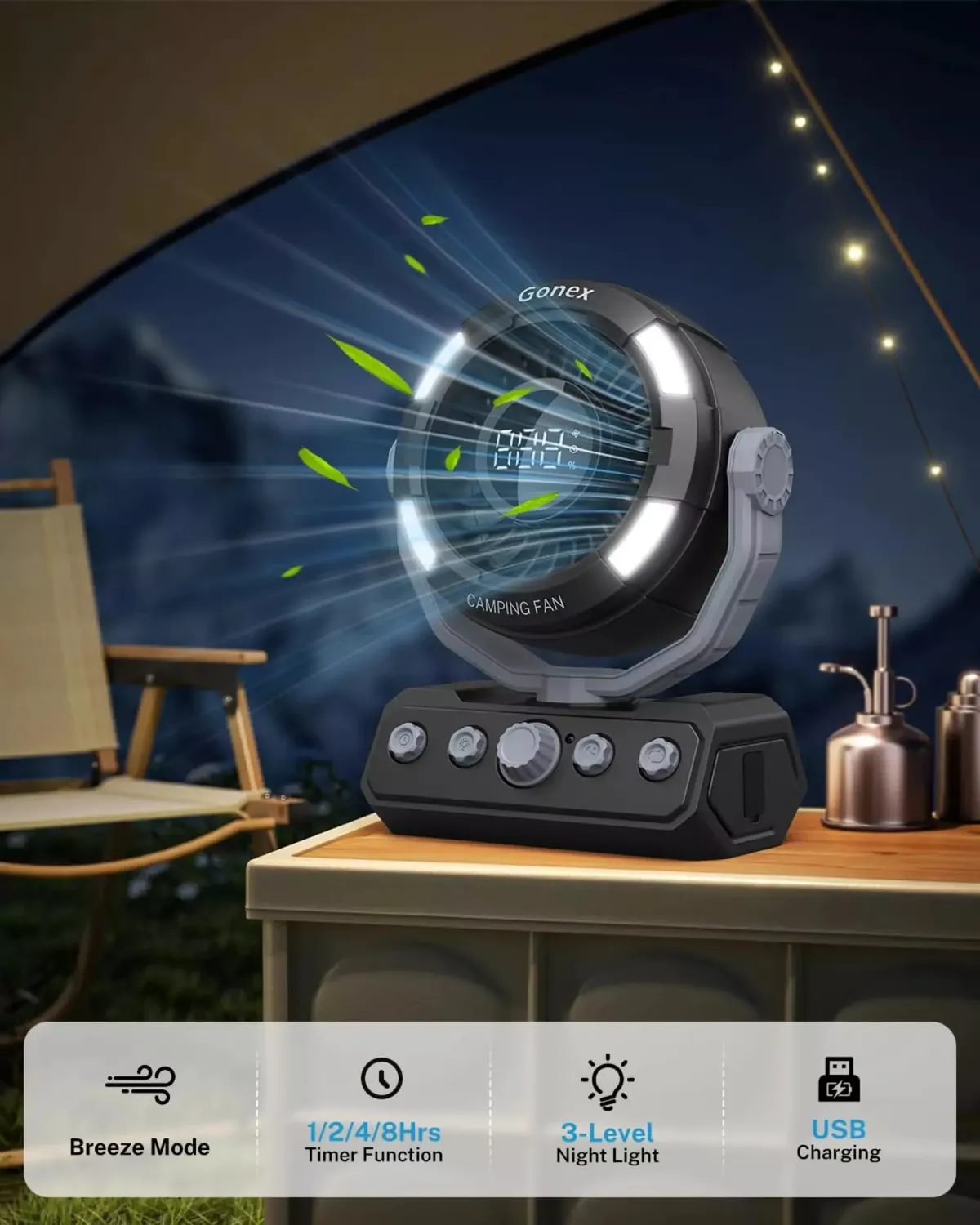 Gonex Ventilatore Campeggio Ricaricabile con Luce
