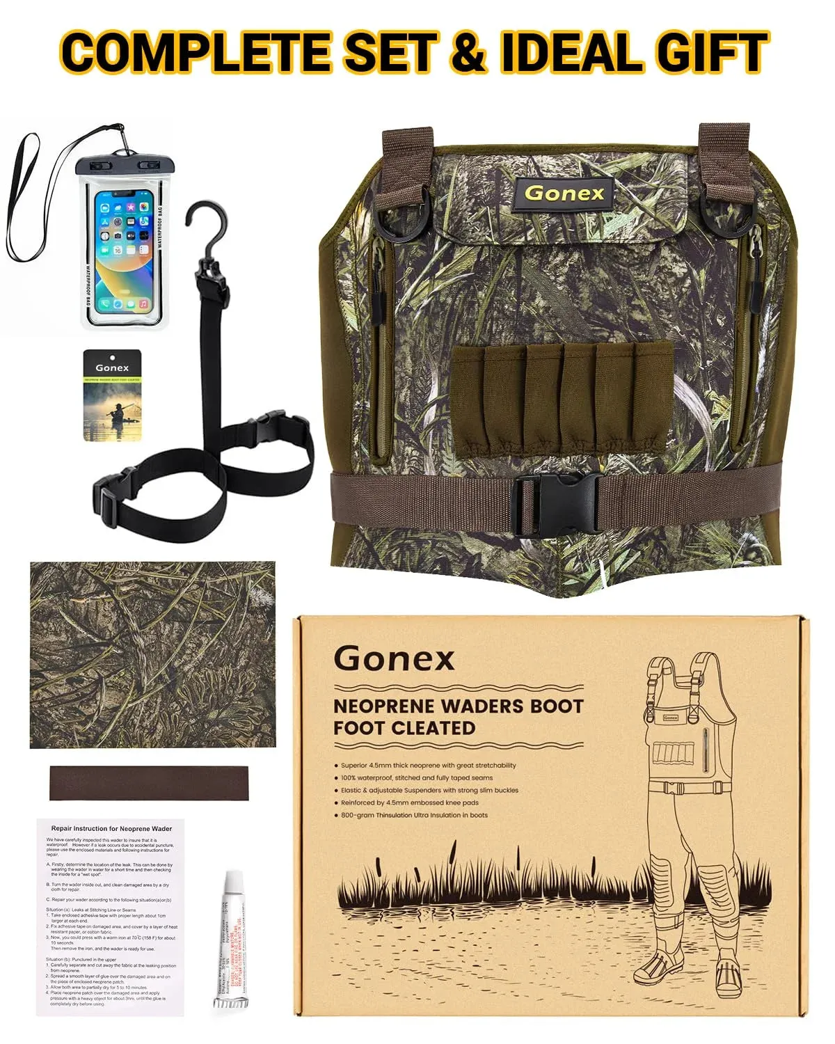 Gonex Waders Pesca Neoprene Mimetici con Stivali