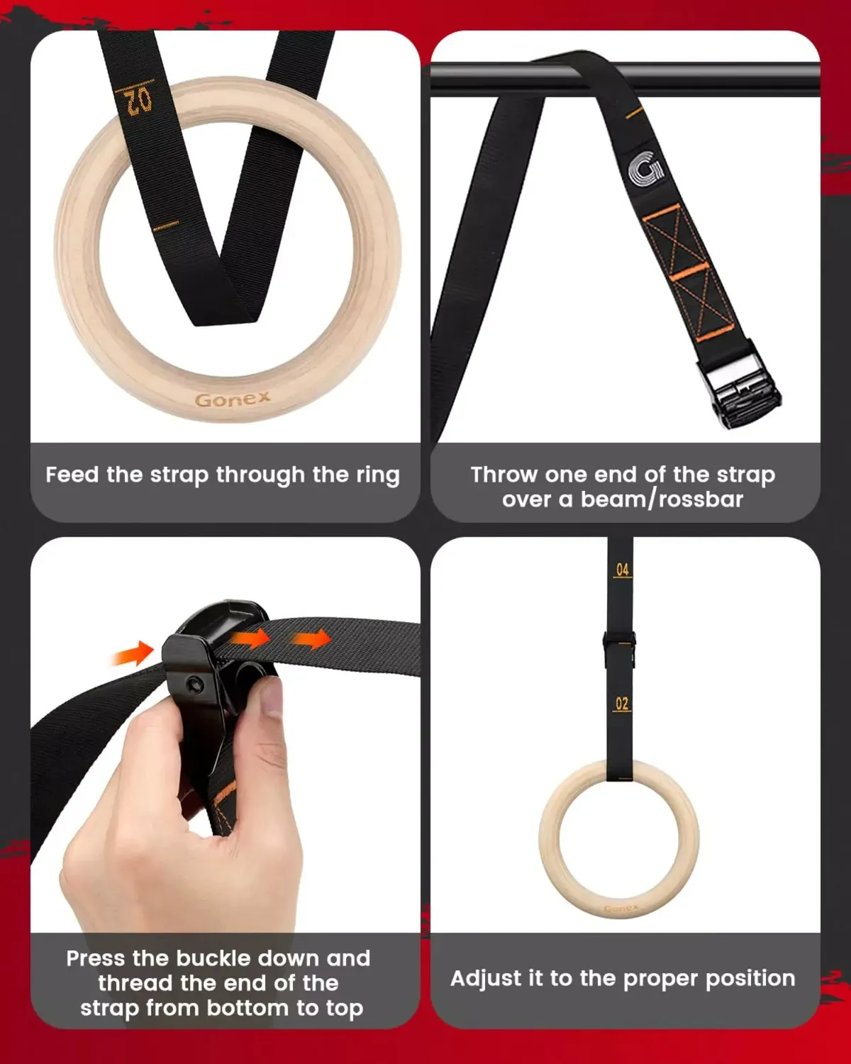 Gonex Anelli Ginnastica Legno Betulla Antiscivolo