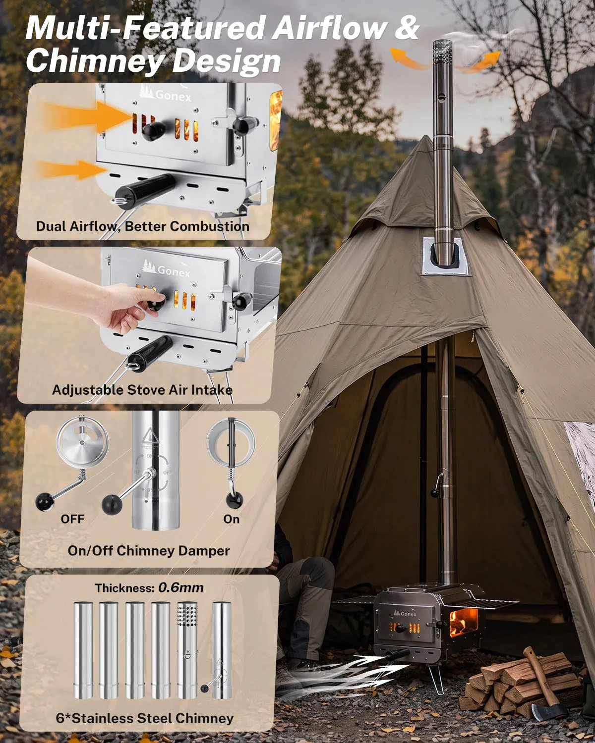 Gonex Portable Wood Burning Hot Tent Stove stufa campeggio portatile