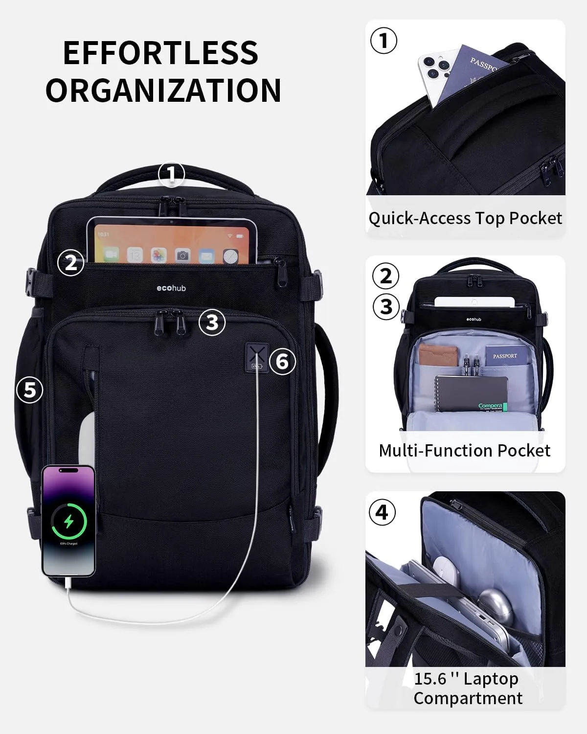 Narwey Zaino Cabina Laptop 15,6 Pollici 25L 16 Tasche